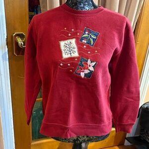Red Sweatshirt with Embroidered Patchwork Design